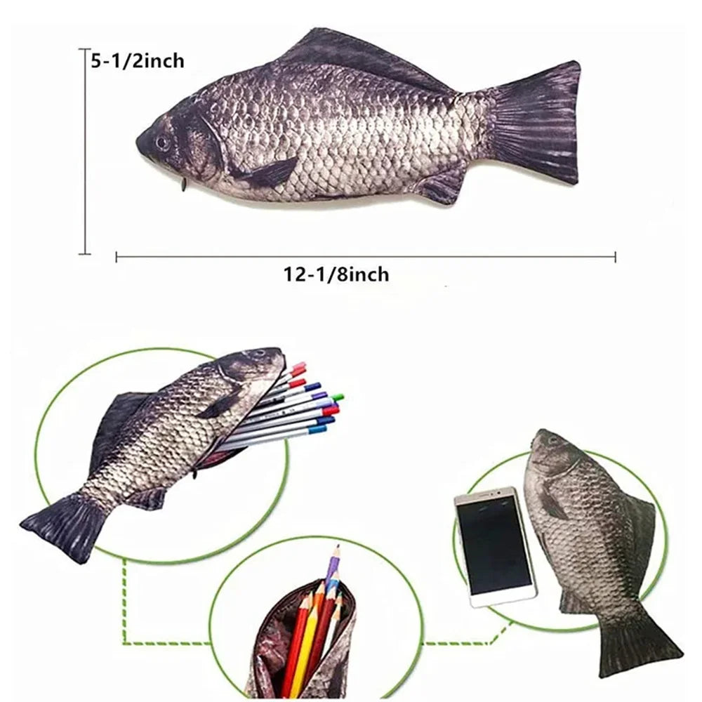 A fun fish-shaped pencil case and coin purse with dimensions of 5-1/2 inches long and 12-1/8 inches wide.
