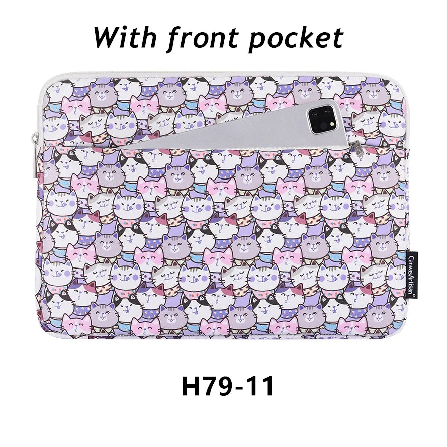A purple and white cat pattern laptop sleeve with a front pocket for a MacBook Pro.