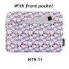 A purple and white cat pattern laptop sleeve with a front pocket for a MacBook Pro.