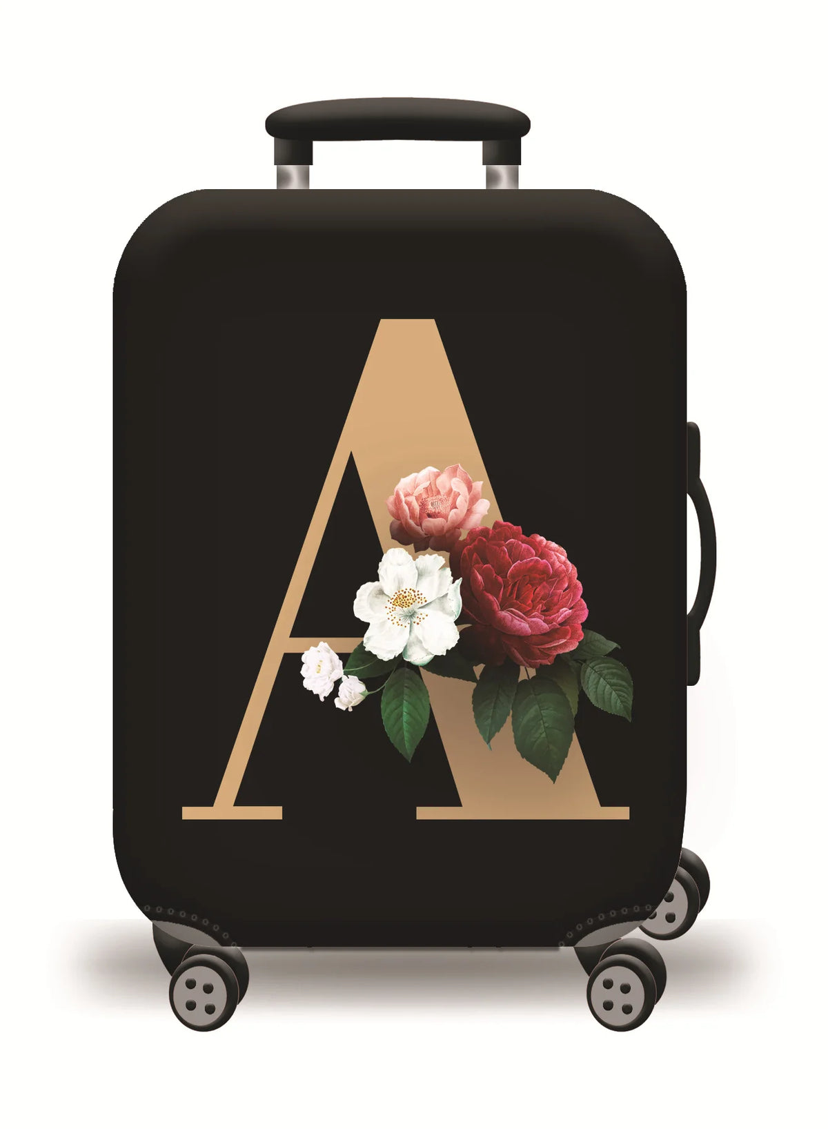 A black suitcase with a gold initial A design featuring pink and white flowers.