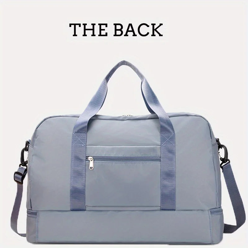 A light blue nylon travel duffle bag shown from the back with a zippered pocket and shoulder straps.