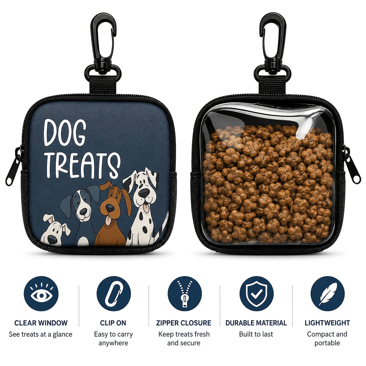 A black clip-on pouch for dog treats with a clear window showing the treats inside.