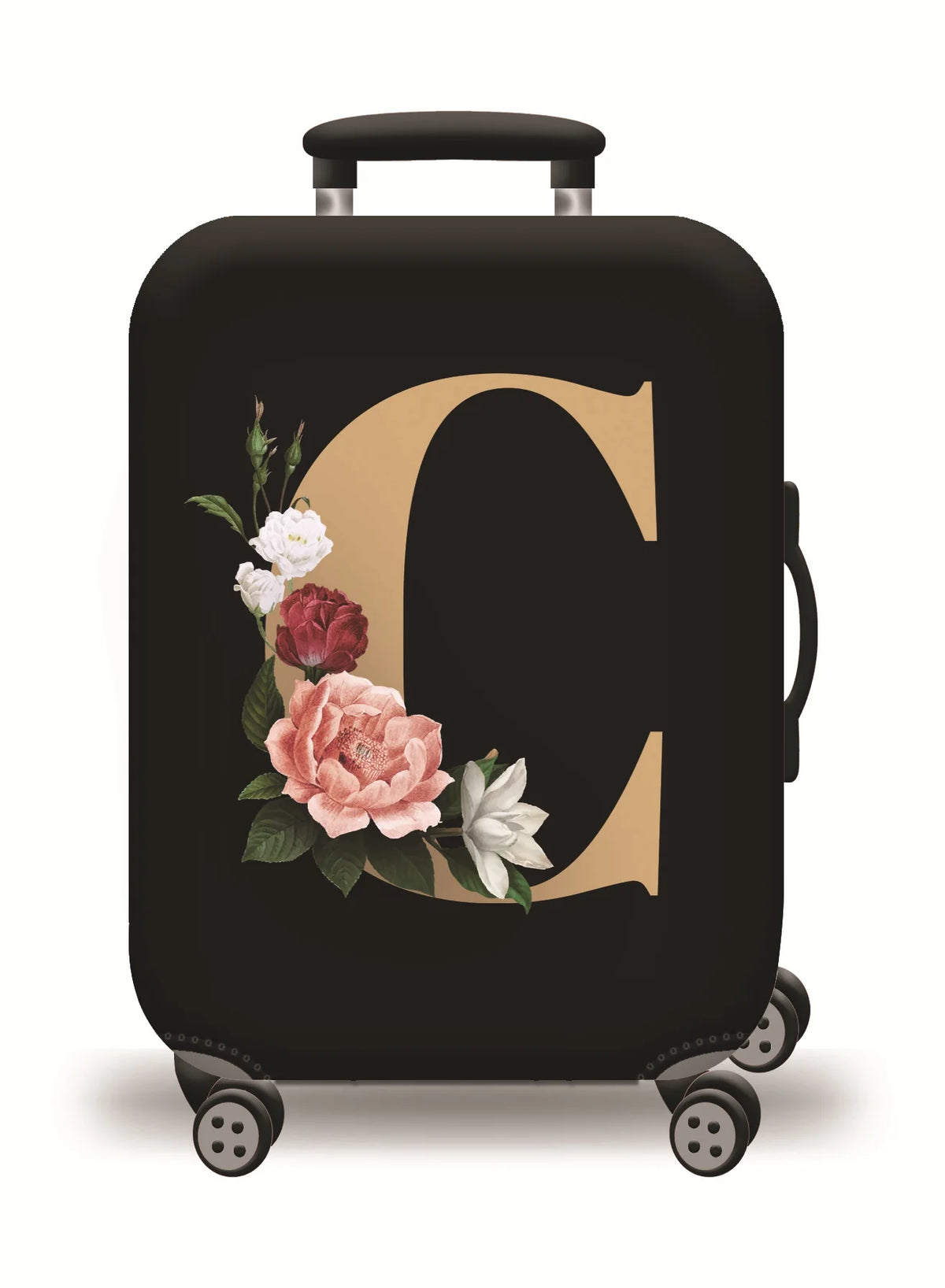 A black suitcase with a gold initial C design and floral accents, sitting on rolling wheels.