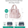 Pink insulated quilted lunch bag shown with dimensions and interior view.