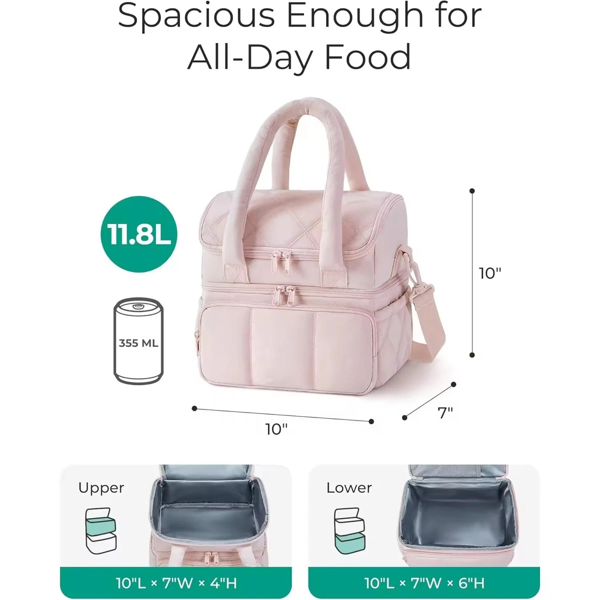 Pink insulated quilted lunch bag shown with dimensions and interior view.