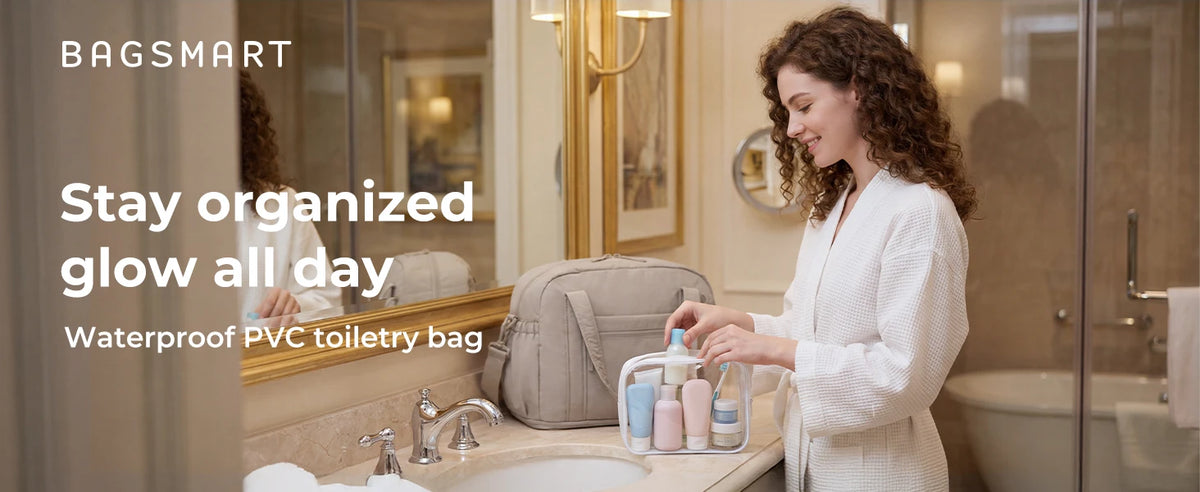 A woman organizes her toiletries in a waterproof PVC toiletry bag in a bathroom setting.