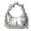 Clutch de noche con lazo brillante plateado y correa de cadena