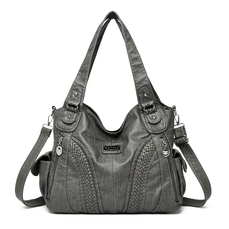 Dunkelgrabe Vintage-Soft-PU-Leder-Schultertasche mit Schnurverschluss und Lederriemen.
