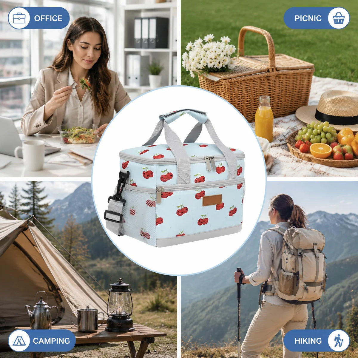 Insulated thermal lunch bag with red strawberries and leaves used for picnics and outdoor activities.