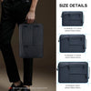 A dark gray laptop sleeve is shown being held by a person, with size details provided for various MacBook models.