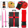 A set of adjustable luggage straps including a strap, a strap in a box, and a red strap with a black strap.