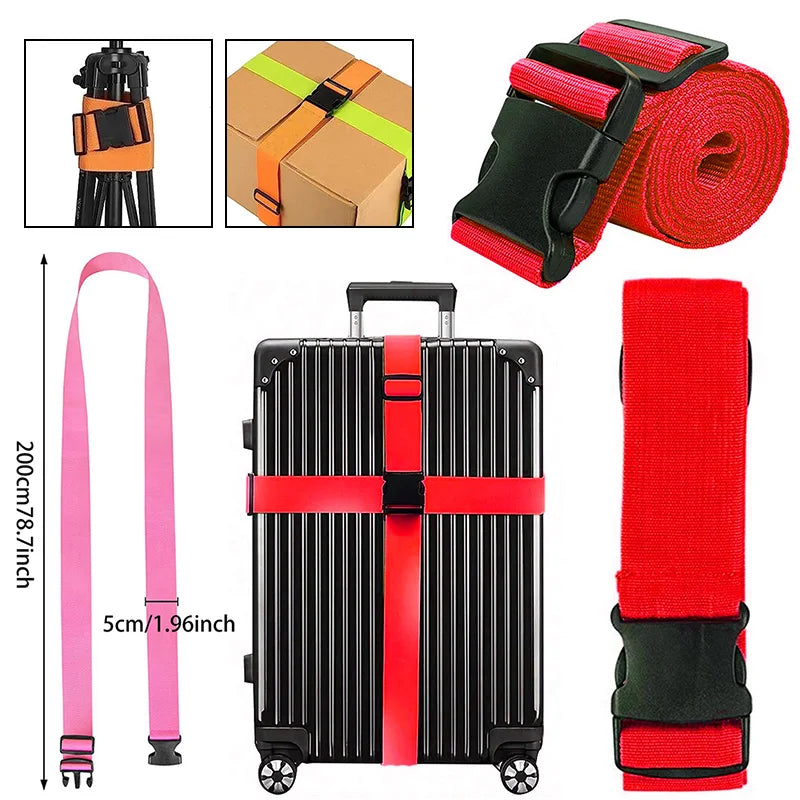 A set of adjustable luggage straps including a strap, a strap in a box, and a red strap with a black strap.