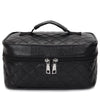 Black leather makeup storage pouch with a handle and zipper.