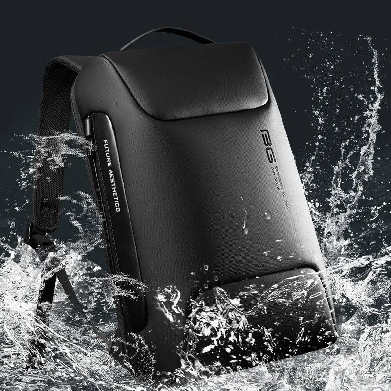 A black laptop backpack is shown being splashed by water droplets against a dark background.