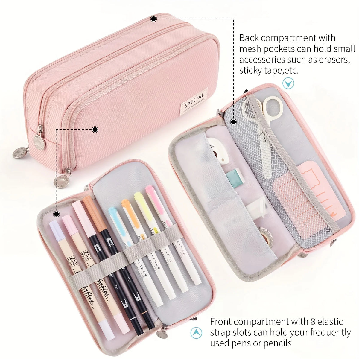 A multi-layer pink pencil case with a front compartment for pens and a back compartment for small accessories.