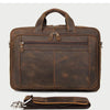 A brown genuine leather briefcase shown open, with a separate leather sleeve displayed below.