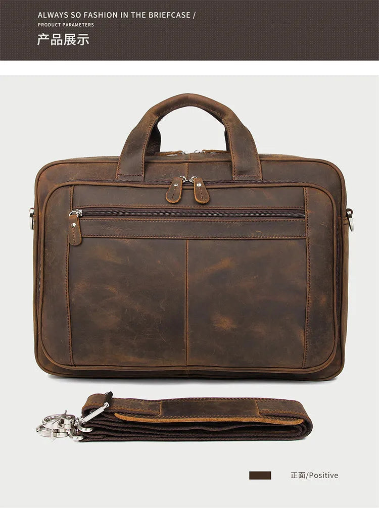 A brown genuine leather briefcase shown open, with a separate leather sleeve displayed below.