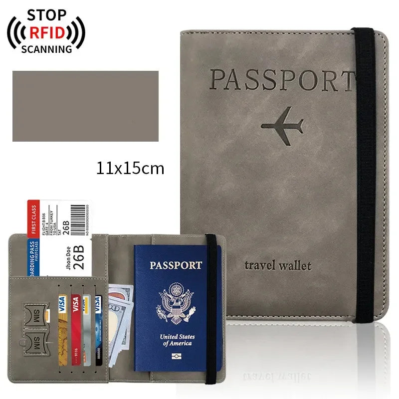 Portefeuille en cuir gris pour passeport avec protection RFID et support de passeport visible.