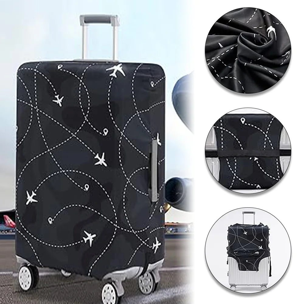 Black stretch fabric luggage protection cover on a rolling suitcase with a handle and zipper.