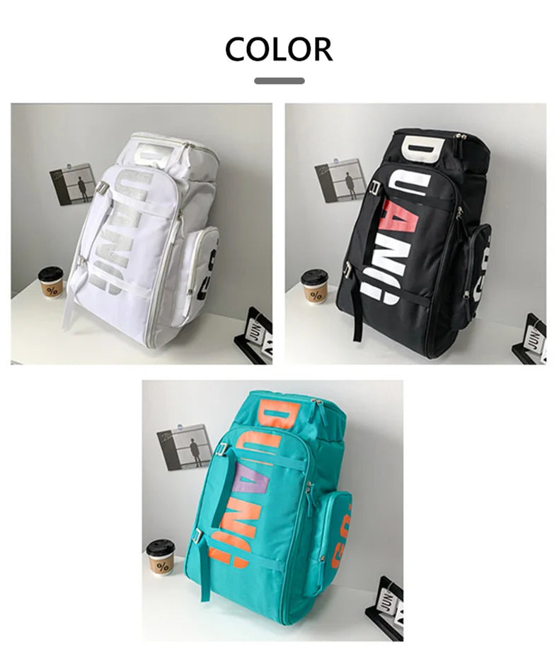 A set of three waterproof travel gym backpacks in white, black, and teal colors shown from the side.