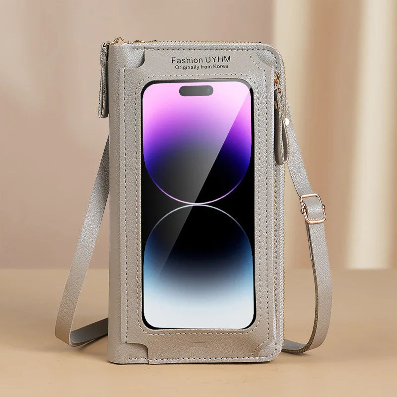 Helle graue multifunktionale Crossbody-Handytasche mit klarem Fenster, das ein lila Farbverlauf auf einem Smartphone zeigt.
