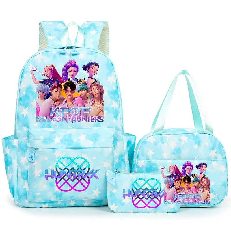 A light blue backpack set featuring characters from K-Pop Demon Hunters on a white background.
