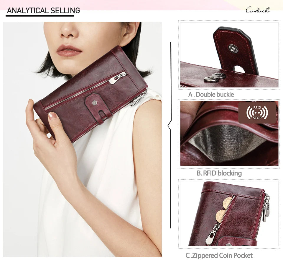 A close-up of a dark burgundy leather clutch wallet showing different features like a double buckle, RFID blocking, and a zip