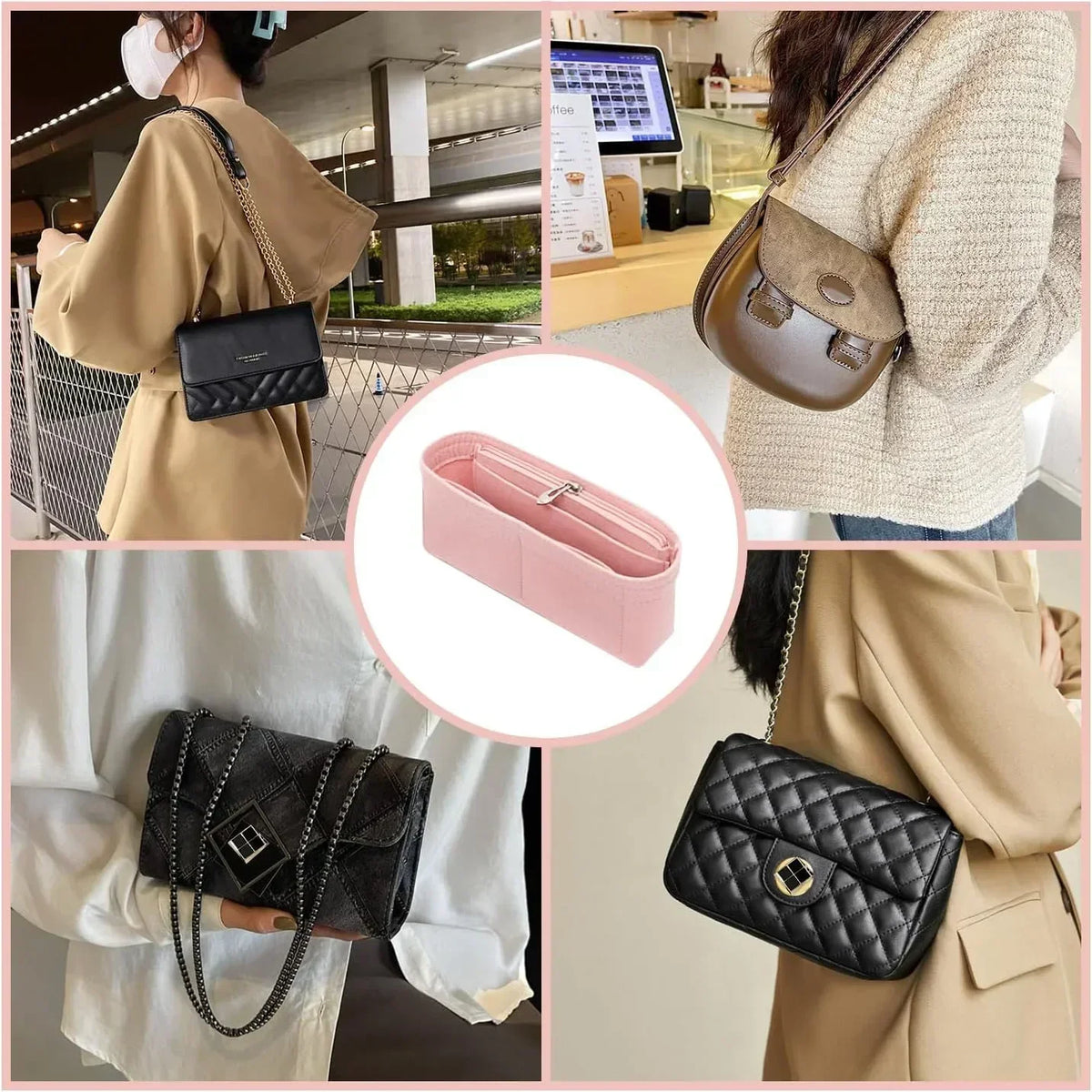 Une collection de inserts organisateurs noirs et roses montrés à l'intérieur de mini-sacs à main.