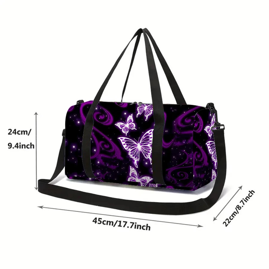 Purple waterproof travel duffle bag with a vibrant butterfly print and black strap.