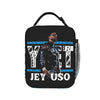 Black vintage print lunch bag featuring a graphic of a man and the text JEY USO