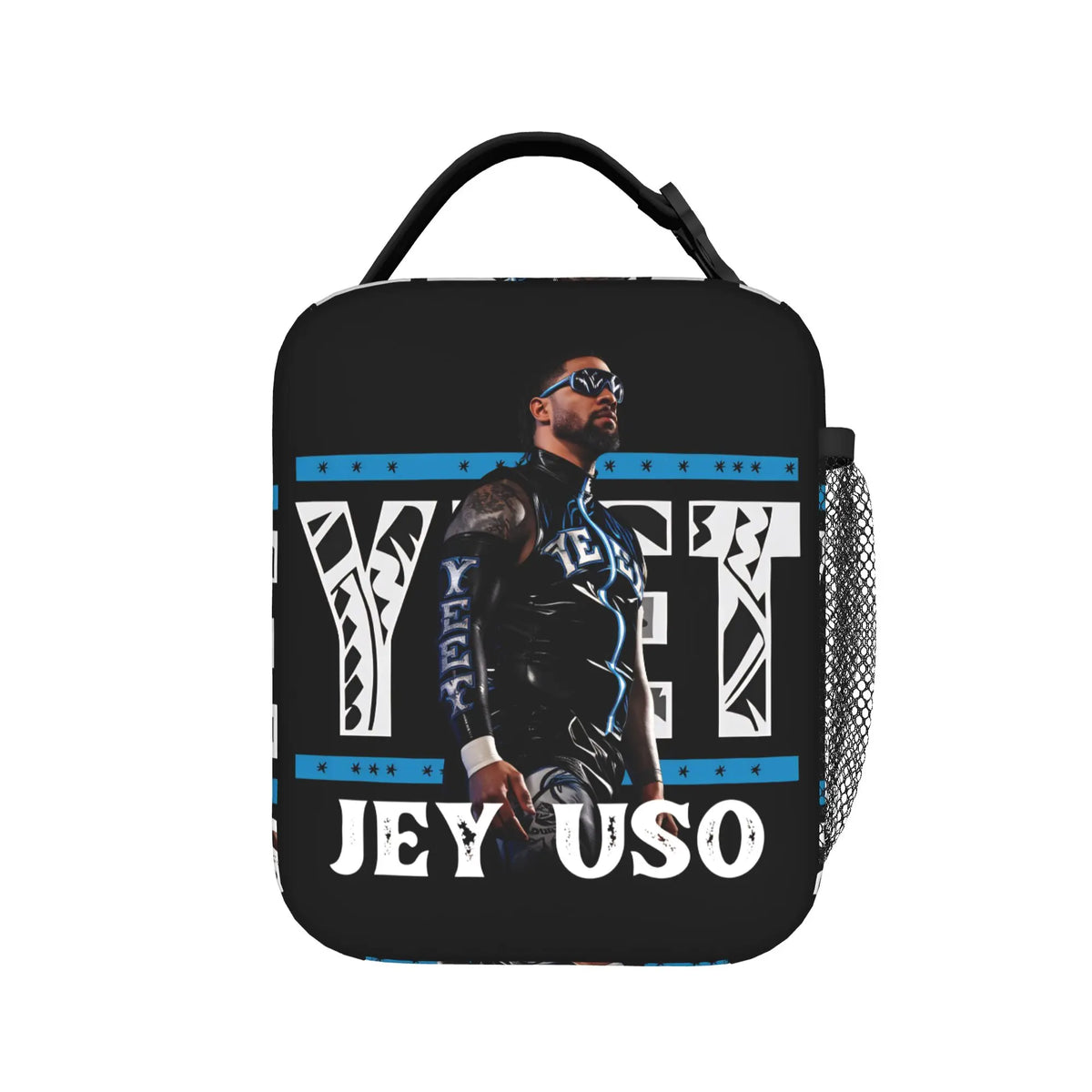Black vintage print lunch bag featuring a graphic of a man and the text JEY USO