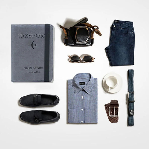 A collection of leather goods including a passport holder, wallet, sunglasses, denim shorts, a shirt, and a watch strap.