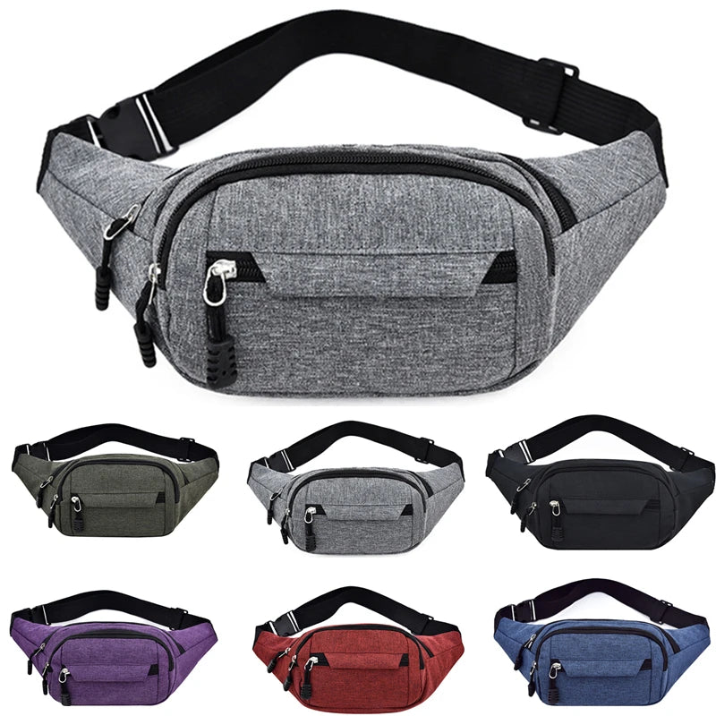A collection of canvas waist fanny bags in various colors including gray black purple red and blue.