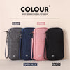 Un juego de cuatro carteras de pasaporte bloqueadoras RFID en gris, azul oscuro, rosa y negro mostradas una al lado de la otr