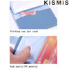 A blue leather card holder is shown folding to put cash inside, demonstrating high quality PVC material.