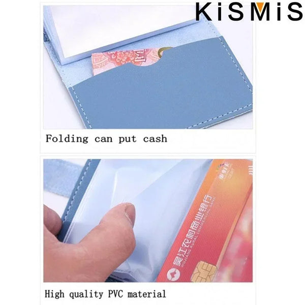 A blue leather card holder is shown folding to put cash inside, demonstrating high quality PVC material.