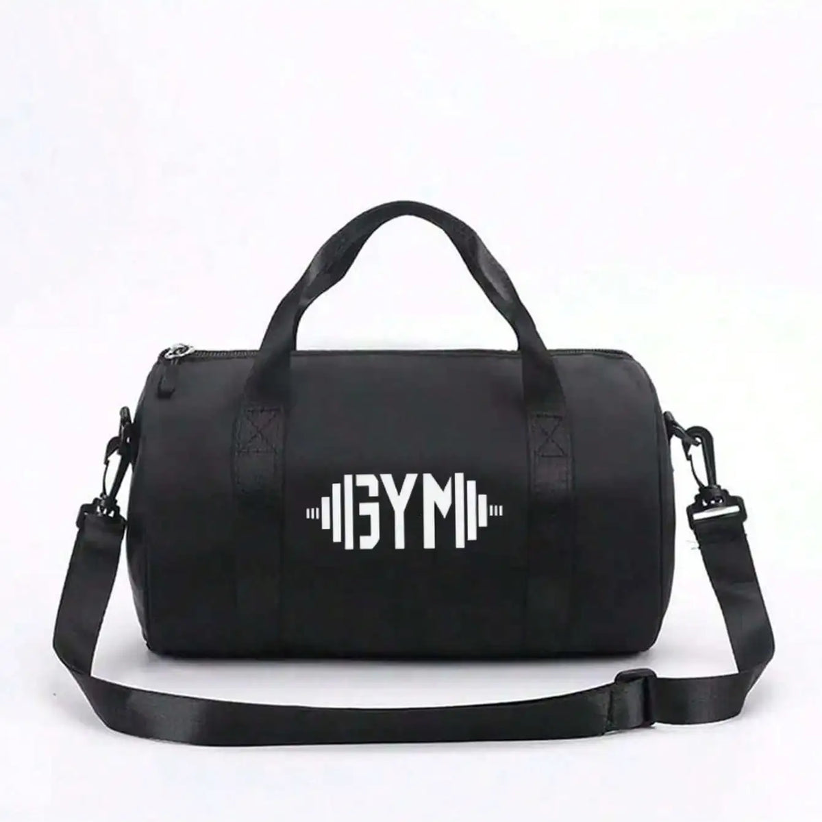 Sac de voyage et de sport noir polyvalent avec une sangle noire.