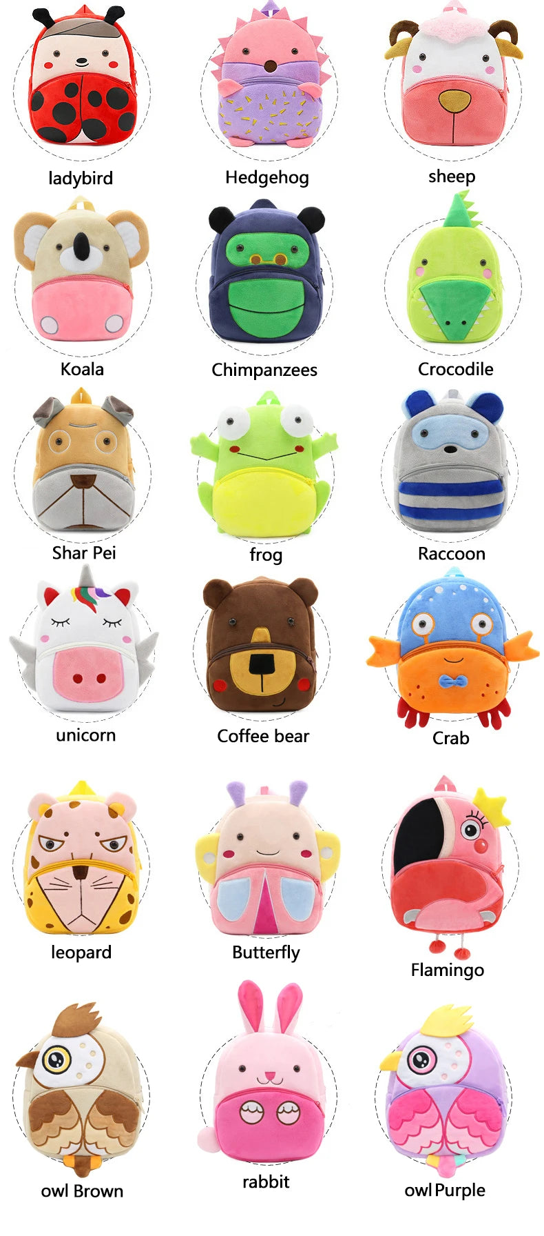 A collection of cartoon animal plush backpacks including a ladybird, hedgehog, sheep, koala, chimpanzees, crocodile, frog, ra