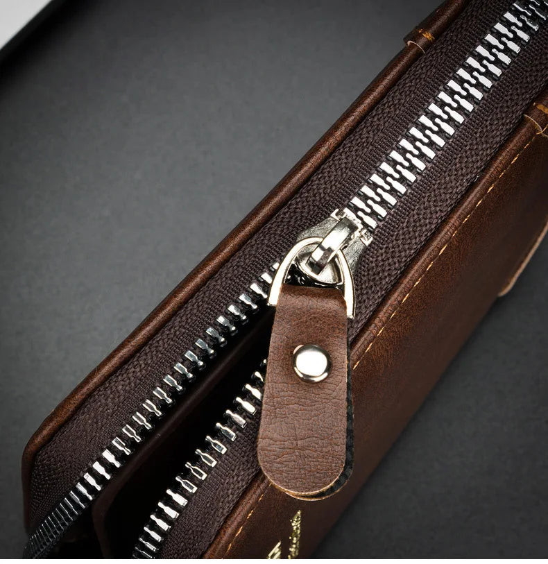 A close-up of a brown retro PU leather men's wallet with a visible zipper and leather strap.