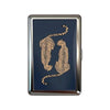 A vintage metal card holder with a dark blue surface featuring a gold leopard print silhouette.
