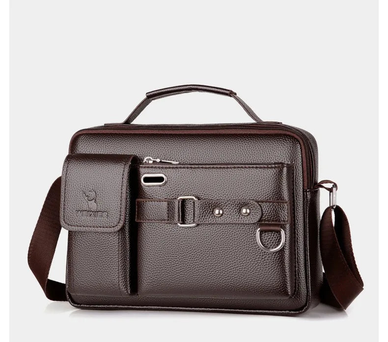 A dark brown men's PU leather crossbody shoulder bag with a padded flap and strap.