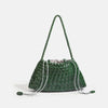 A handwoven green PU shoulder bag with white drawstrings.