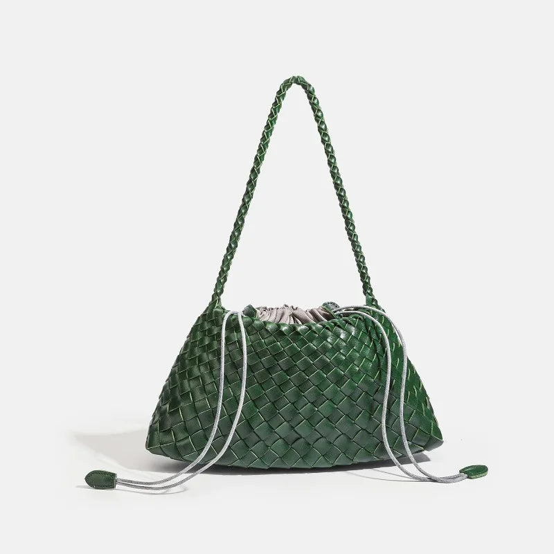 A handwoven green PU shoulder bag with white drawstrings.