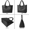 Views of a black handwoven vegan leather tote bag showing the front, side, bottom, and positive side.