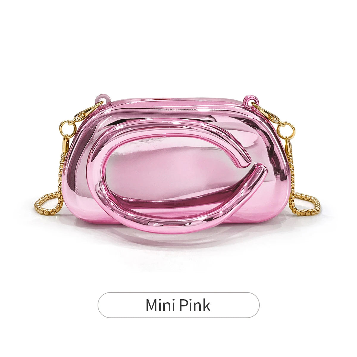 A small pink glossy clutch bag with gold metal hardware.