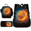 A black sports backpack featuring a graphic of a basketball engulfed in flames and lightning.