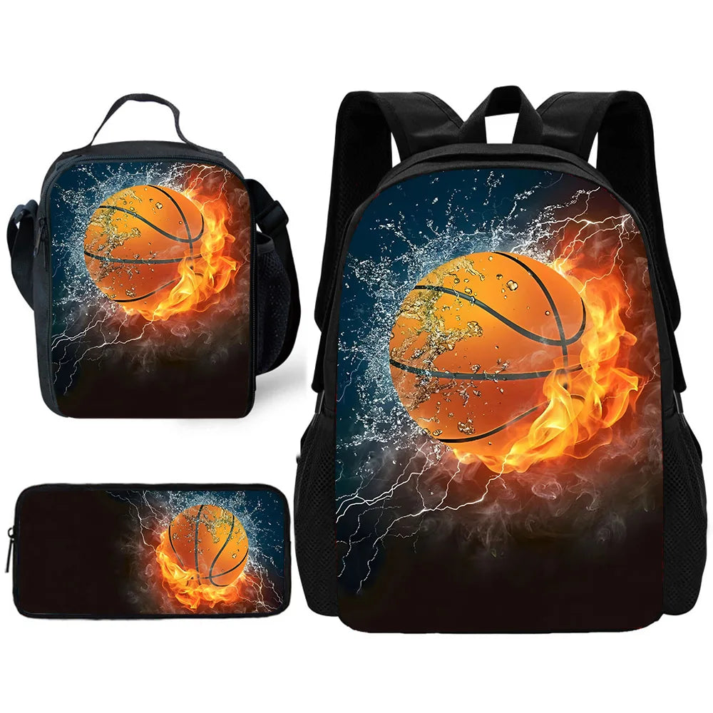 A black sports backpack featuring a graphic of a basketball engulfed in flames and lightning.