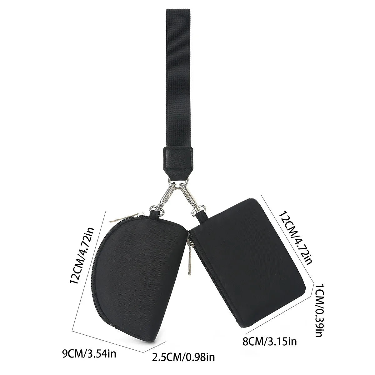 Black compact wristlet wallet featuring dual zip pockets and a black strap.
