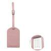 A pink PU leather luggage tag with a rectangular card holder attached to a strap.