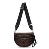 A black nylon crossbody bag with a leopard print pattern and gold hardware.